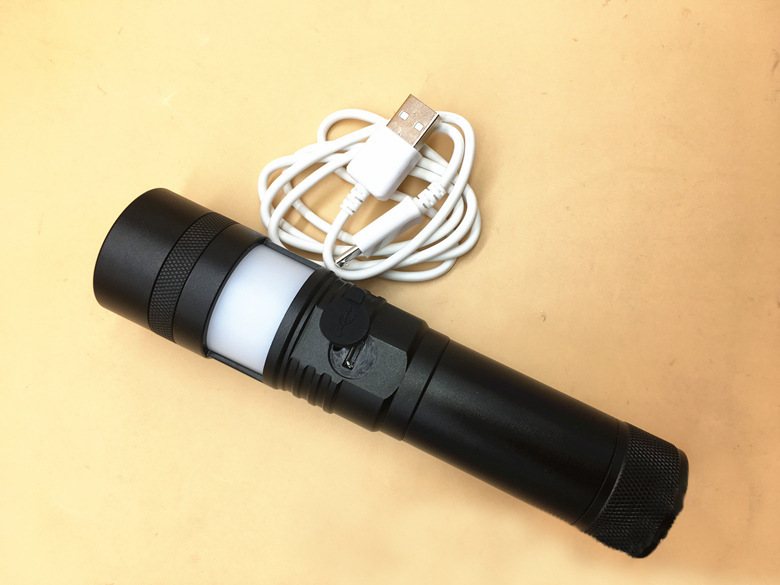 户外多功能t6强光手电筒0红蓝警示野营灯铝合金micro usb充电三星