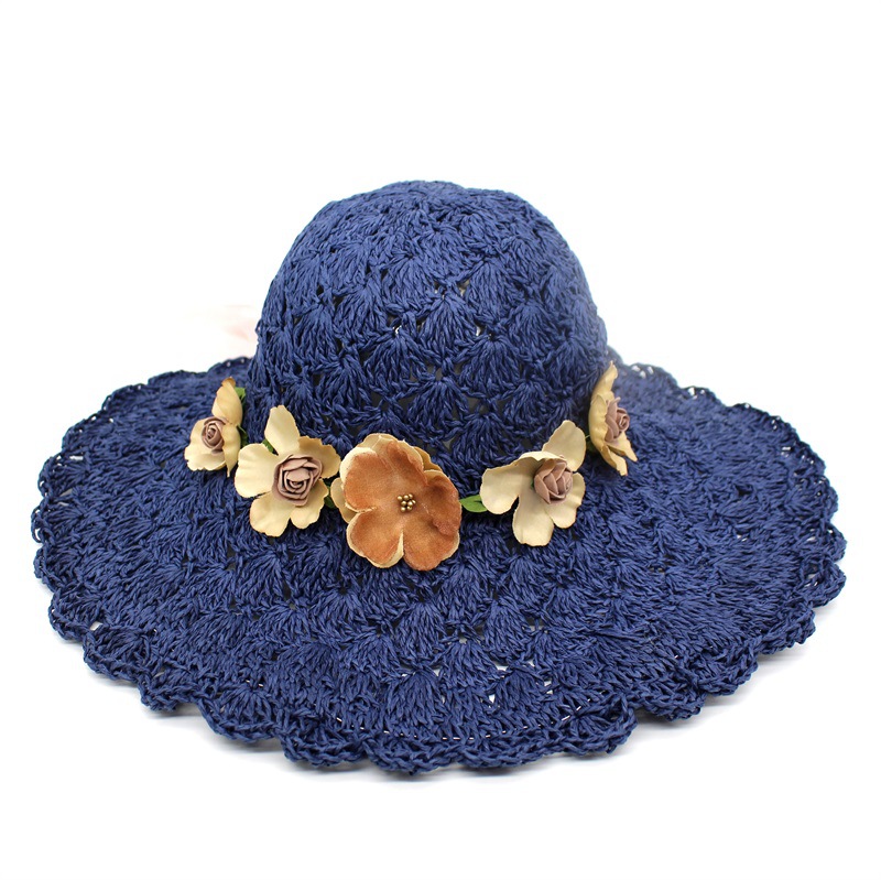 2018新款花环草帽 夏季草编大檐防晒遮阳帽太阳帽 女士沙滩帽