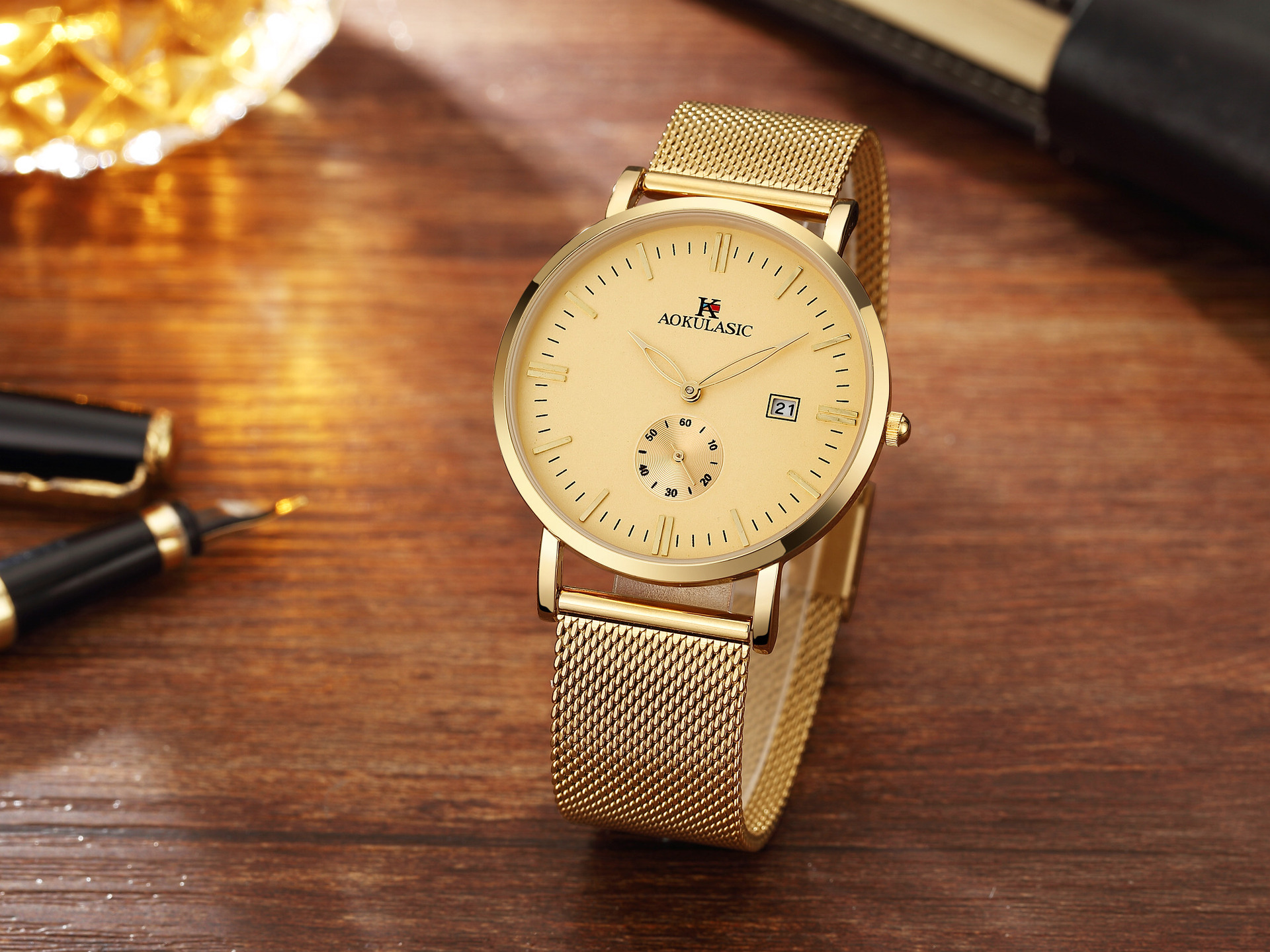 aokulasic奥古拉斯石英表日历防水时尚腕表速卖通爆款超薄网带表