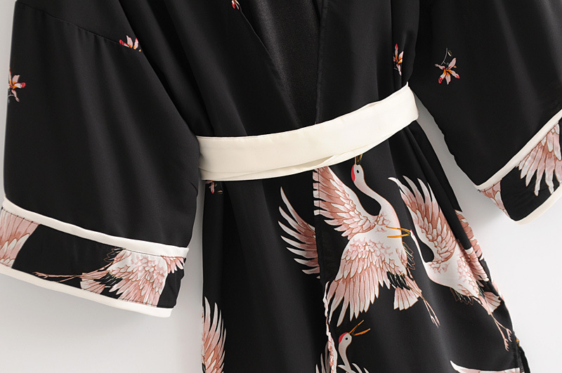 夏季新款欧美女装和服复古印花仙鹤长款外套改良羽织开衫w1806