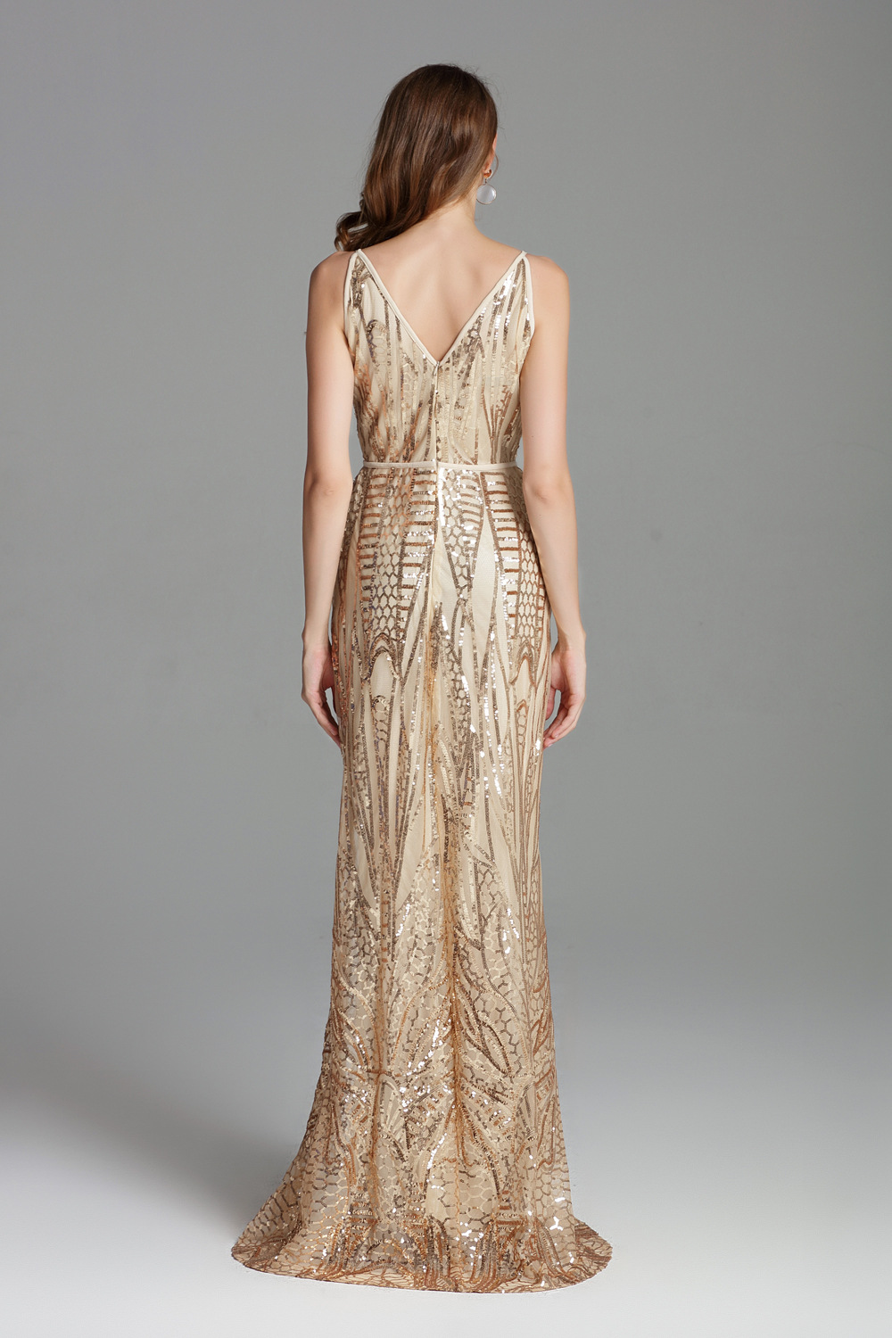 ck812秋季新款绣花亮片v领开叉长款晚宴晚礼服聚会年会显瘦婚礼女