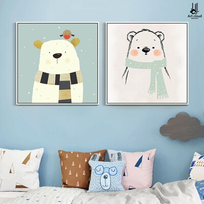 布艺萌萌熊 儿童房装饰画男孩女孩北欧简约现代卡通可爱卧室挂画