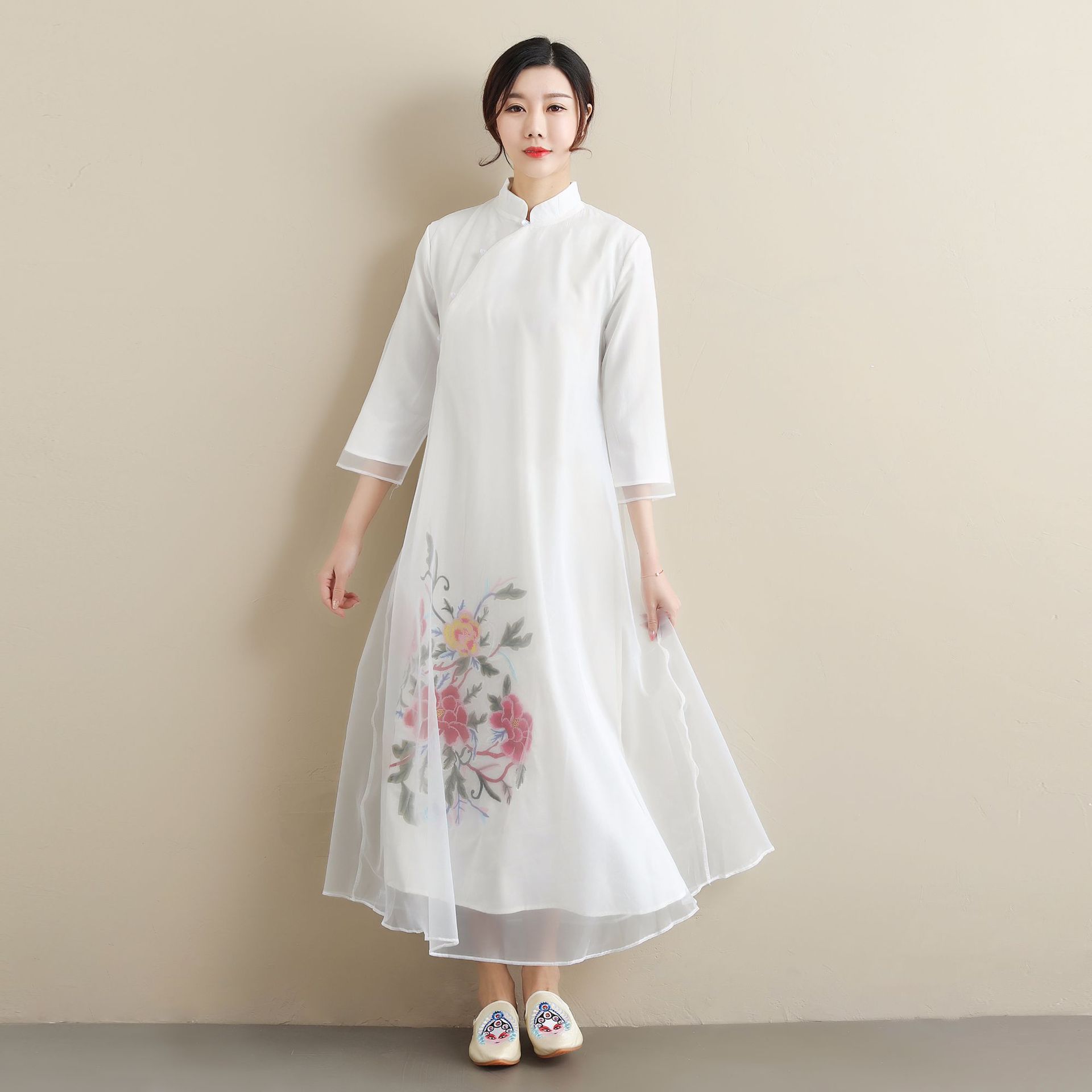 麻凡夏季新款欧根纱旗袍连衣裙刺绣唐装女连衣裙国风复古文艺风裙