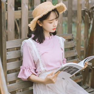 小清新女装夏季小立领短袖森女系文艺上衣荷叶边甜美可爱百搭衬衫