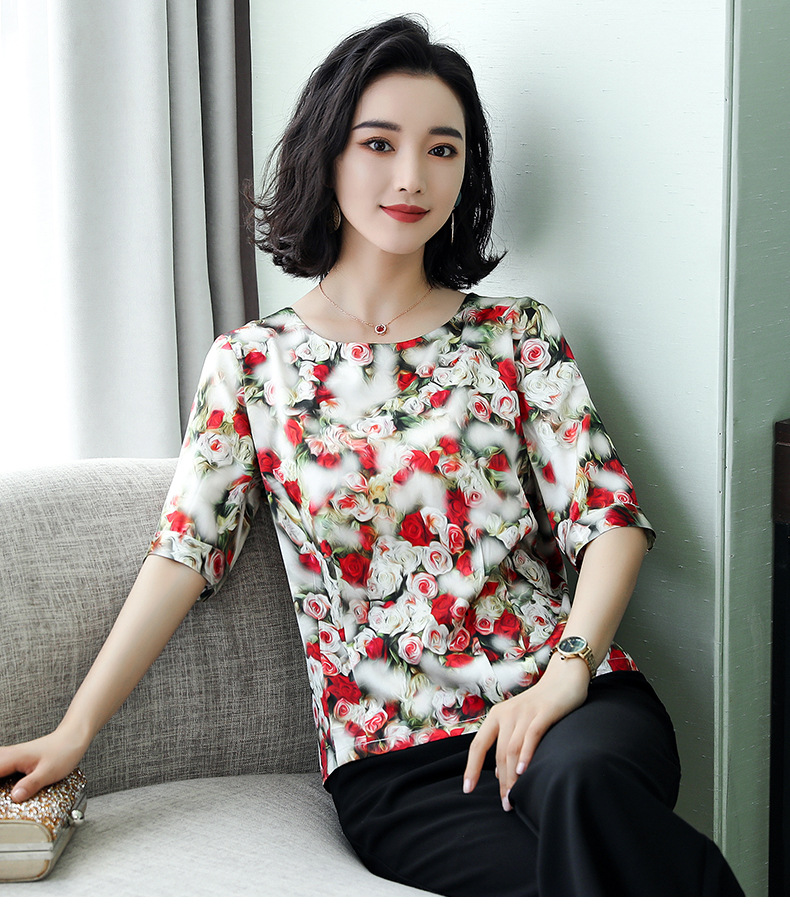 重磅印花真丝短袖t恤女士宽松大码2018夏新款桑蚕丝体恤圆领上衣