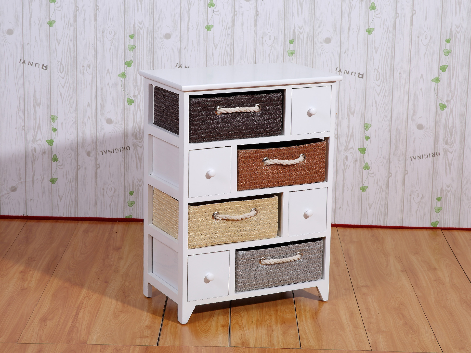 实木框架藤编收纳柜卧室杂物收纳柜 多层田园抽屉式杂物储物柜