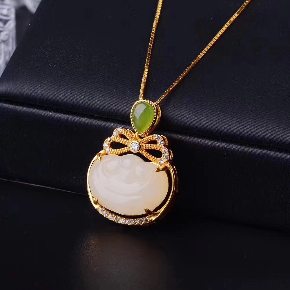 s925银镶天然和田玉如意吊坠精工镶嵌