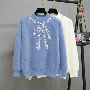 厂家直销 103钉珠蝴蝶结装饰貂绒弹力针织衫毛衣上衣2018秋新女