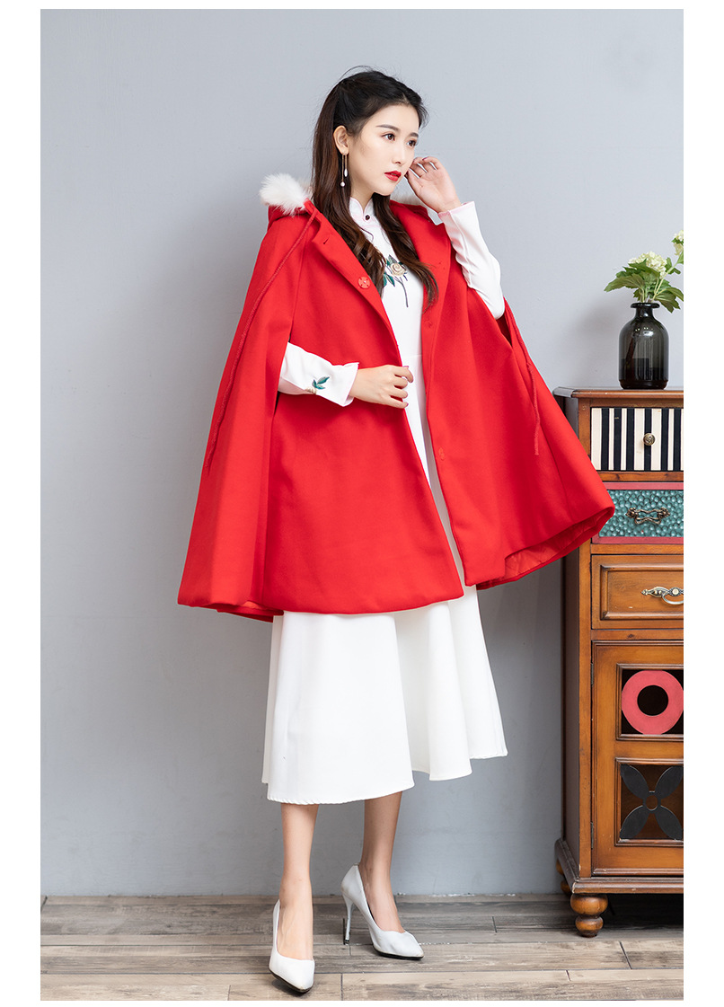 日常汉服狐狸毛领斗篷复古百搭汉元素夹棉毛呢披风(货号 ff1592)