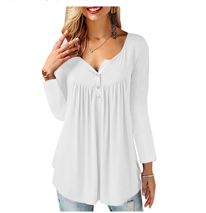 2018秋冬亚马逊ebay新款女装 纽扣褶皱长袖t恤上衣