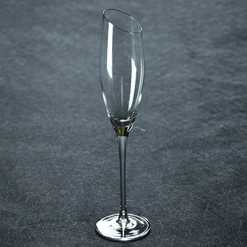 水晶人工吹制一次成型直筒 斜口香槟杯气泡杯 三角高脚鸡尾酒杯