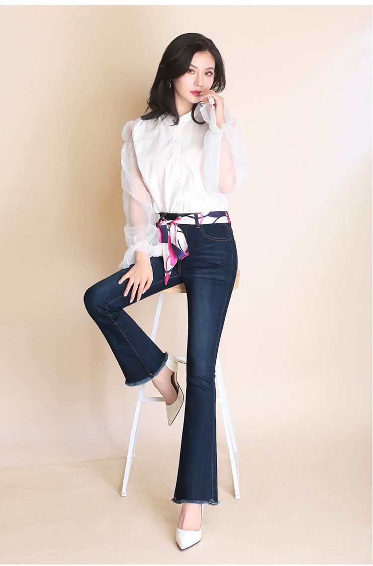 高腰微喇牛仔裤女秋冬韩版显瘦大码喇叭裤毛边长裤chic弹力阔脚裤