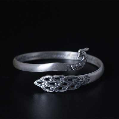 传统s999足银手环中国风简约创意孔雀手镯复古diy手工精致银饰品