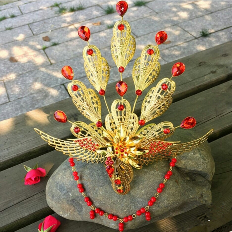 古装女发饰头饰中式新娘流苏发梳头冠宫廷复古贵妃金银色孔雀凤冠