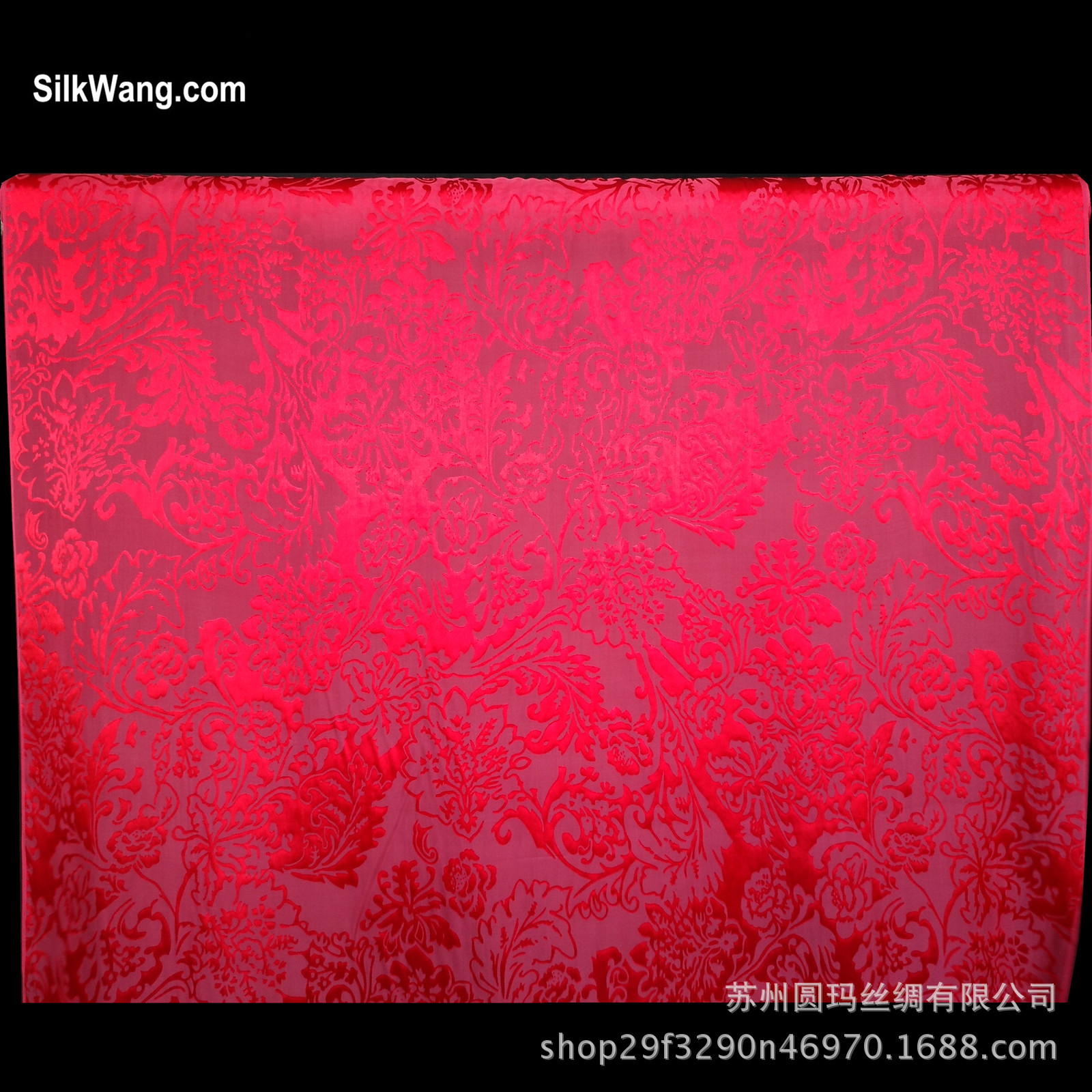 厂家直供真丝与人死交织面料19mm烂花绡大红色花草图案女装面料