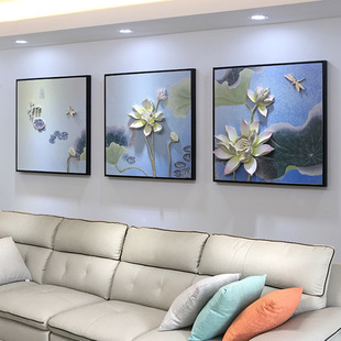 新中式客厅浮雕装饰挂画 三联立体手工画 沙发背景墙壁挂油画批发