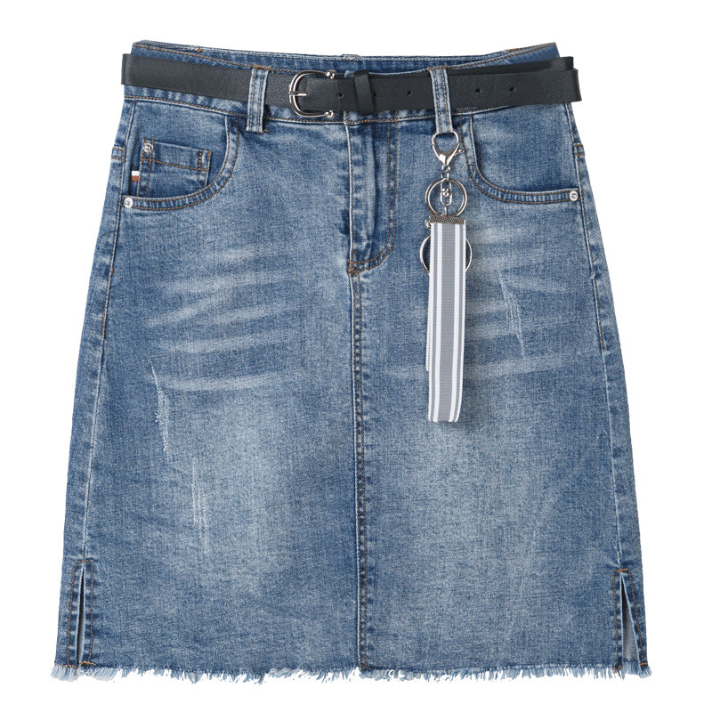 牛仔毛边两边开叉半身裙女款时尚薄款浅色牛仔裙25-35岁复古短裙
