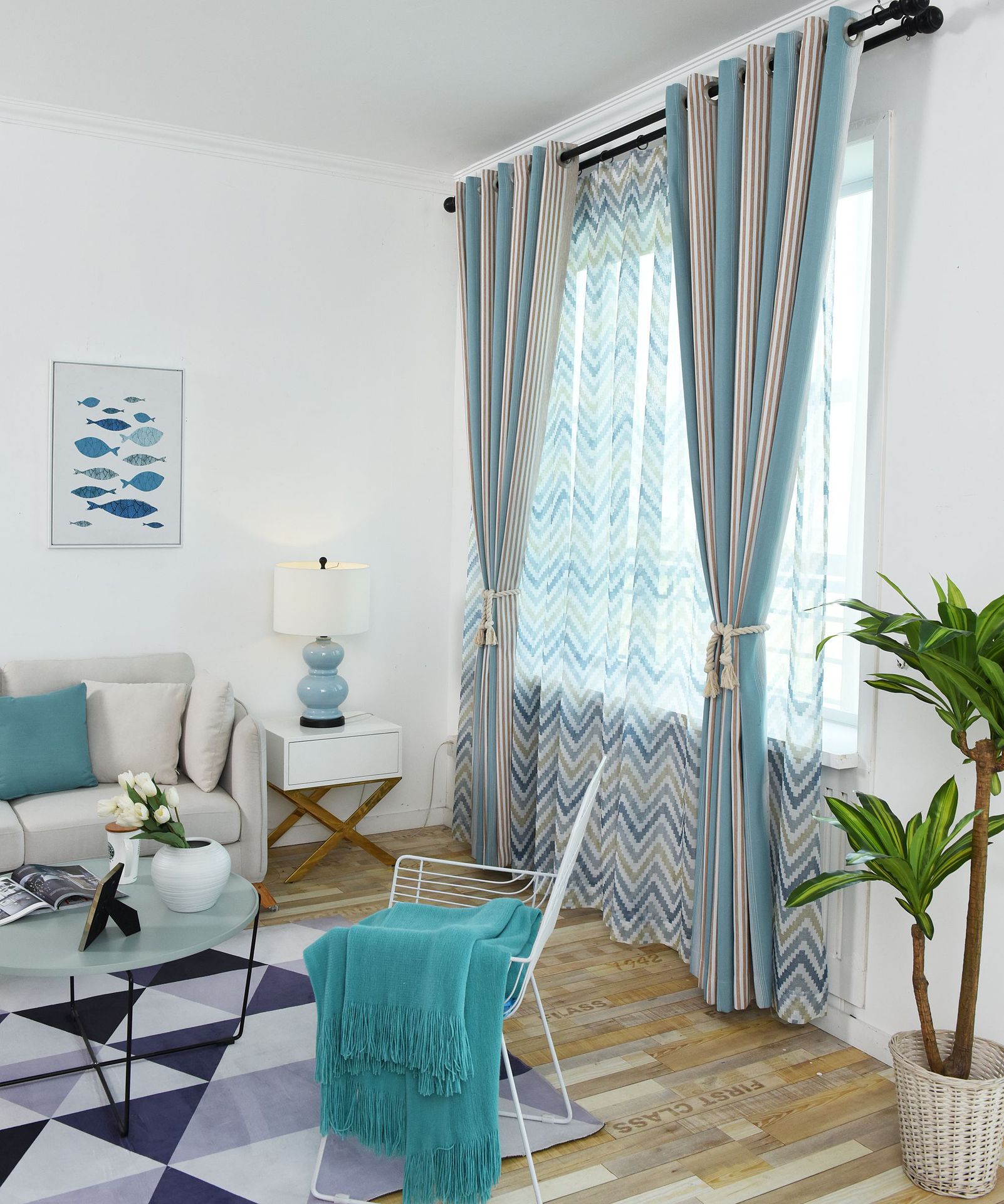 北欧风简约现代客厅卧室飘窗地中海定制窗帘遮光条纹棉麻窗帘成品