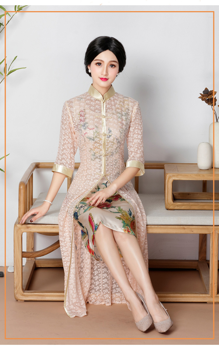 倾城粉黛优雅定制新款改良时尚真丝中长款旗袍裙日常复古两件套