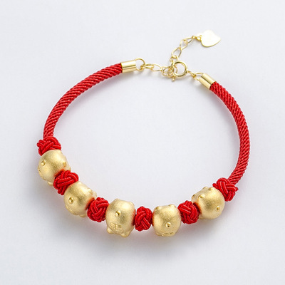 s990足银猪红绳手链 五福临门五个小金猪幸运红绳首饰女6330