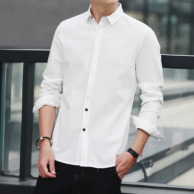 秋季长袖衬衫男士棉料休闲衬衣青年修身百搭纯色打底衫男韩版潮流
