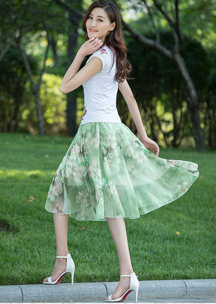 2018夏季新款雪纺半身裙过膝中裙大码女中长款松紧腰a字裙