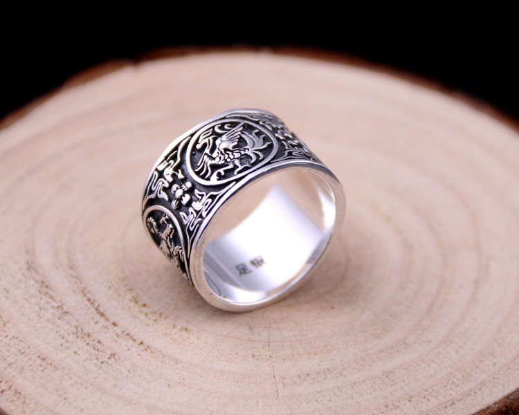 s999足银青龙白虎朱雀玄武霸气四大神兽男士戒指复古民族风潮男戒