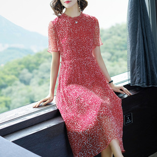 玉云裳深圳高端女装印花真丝连衣裙 2018宽松大码红色裙子中长款
