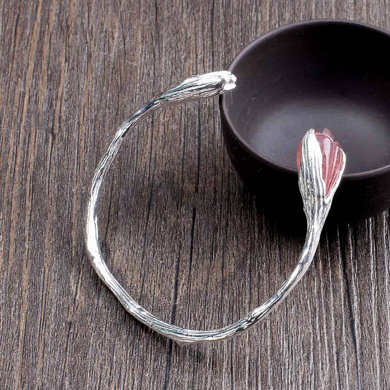 人品银品 s990纯银饰品 草莓晶女士玉兰花手镯 若曦