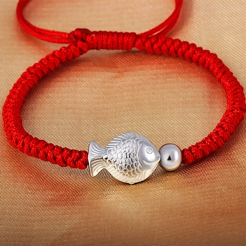 925纯银亲嘴鱼红绳手链 中国风时尚银饰品批发 情侣饰品 天猫热卖