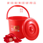 红色塑料水桶家用手提带盖储水圆桶结婚喜庆鼓型提桶批发
