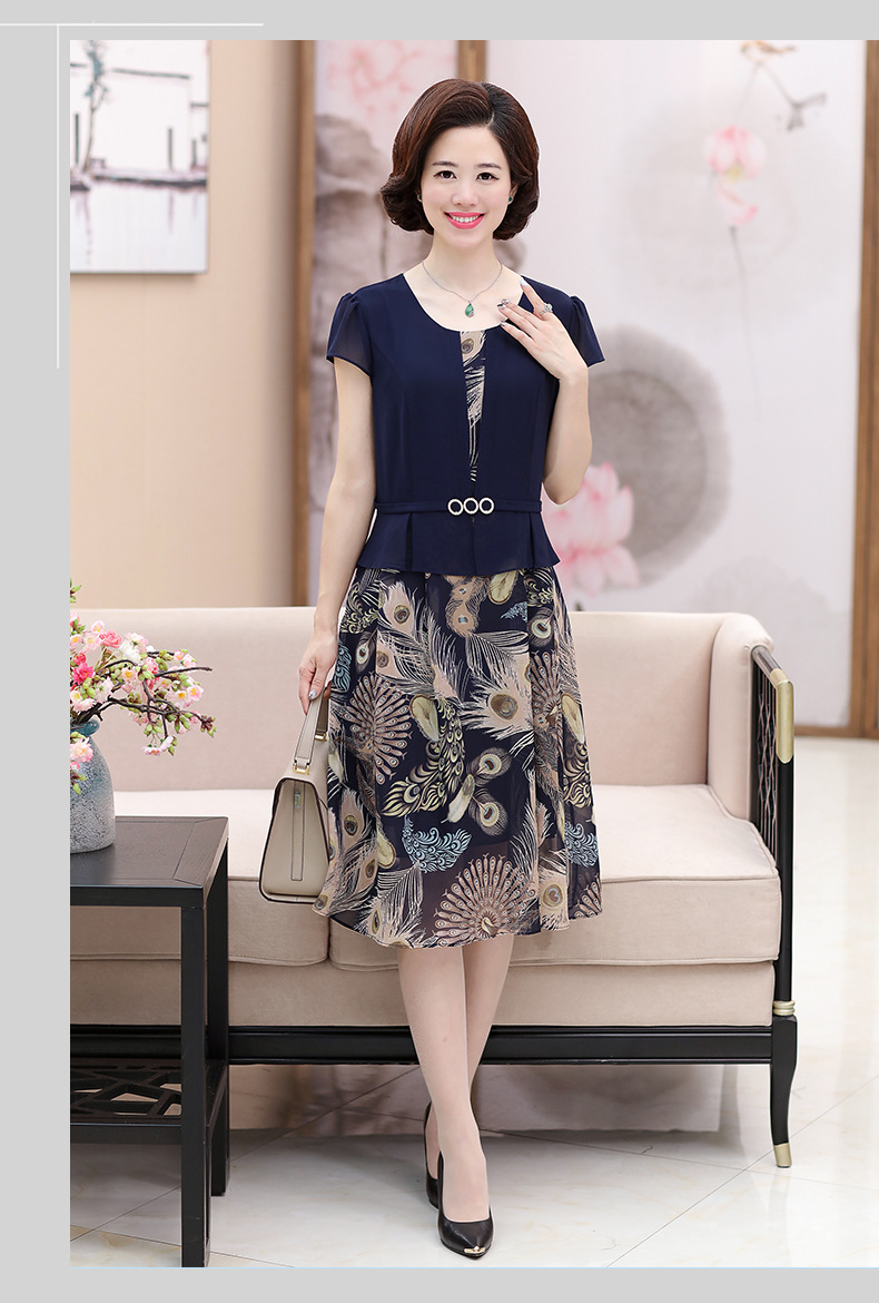 2018新款中老年雪纺连衣裙夏妈妈装短袖拼接假两件修身裙子中长款