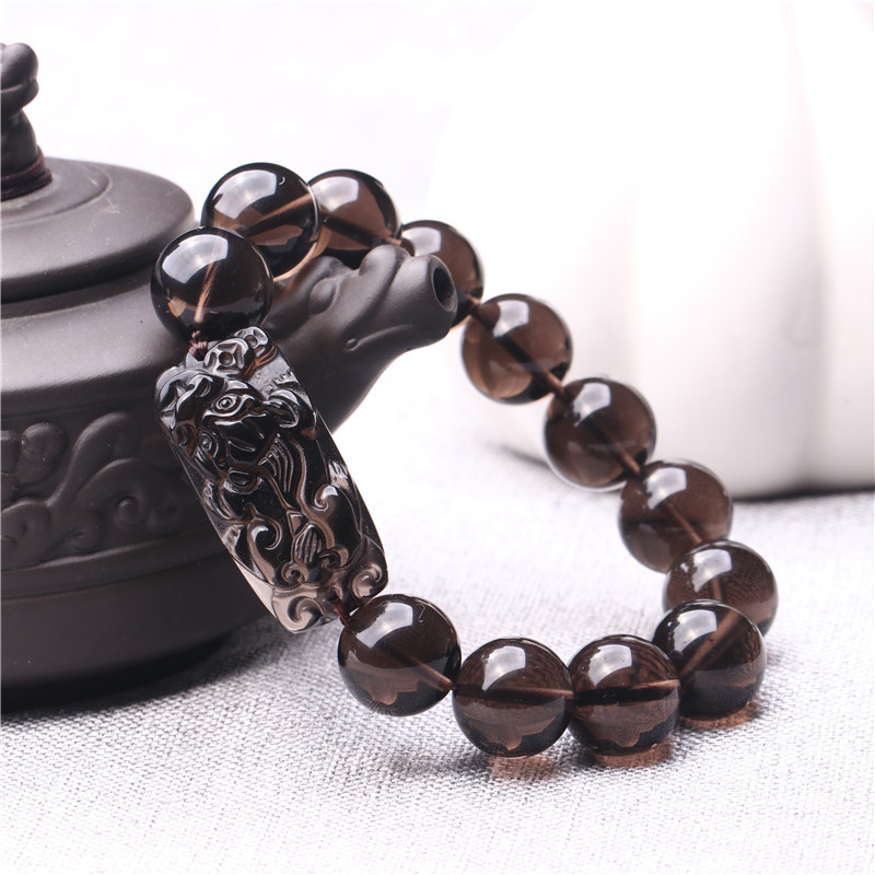 可塘 天然茶曜冰种黑曜石貔貅手链 男女手串水晶佛珠手饰厂家批发