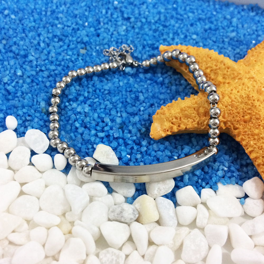 跨境商品 简约女士不锈钢串珠子手链 钢钛空心管长条刻字手链女