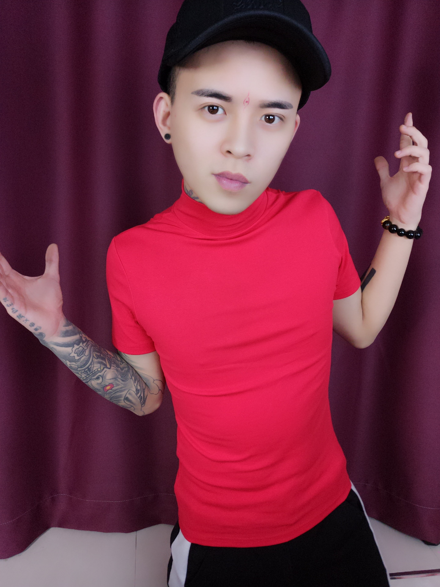 2019新款青少年男士短袖t恤社会人精神小伙修身潮流高领纯色半袖t