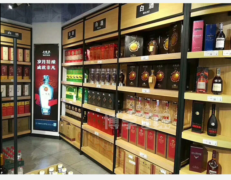 广州超市红酒展示柜 华致烟酒店货架 单面多层靠墙钢木白酒展示架