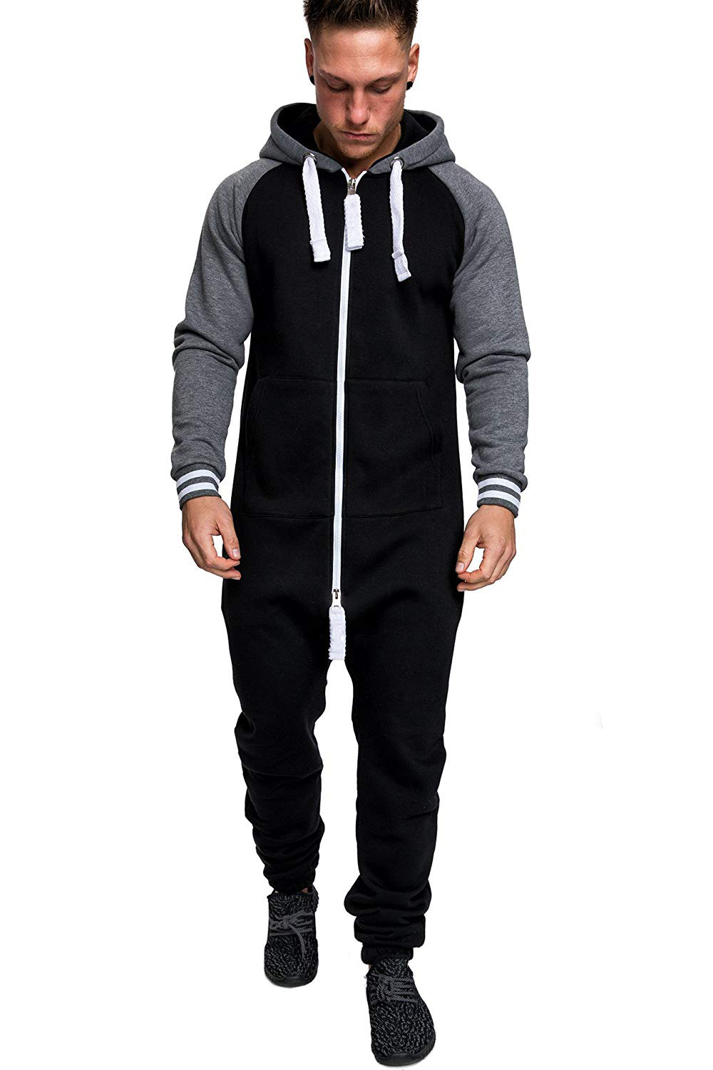外贸爆款冬季新款男人连帽加绒连体卫衣拼接欧美个性休闲连体服男