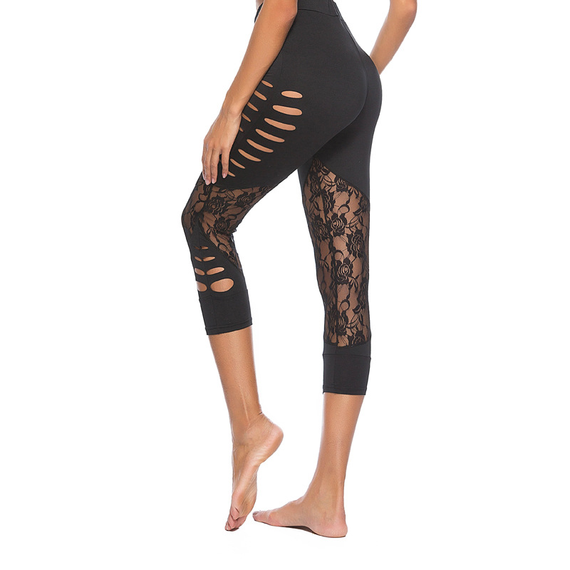 亚马逊速卖通热卖春夏新款性感透明镂空蕾丝拼接瑜伽打底七分裤女