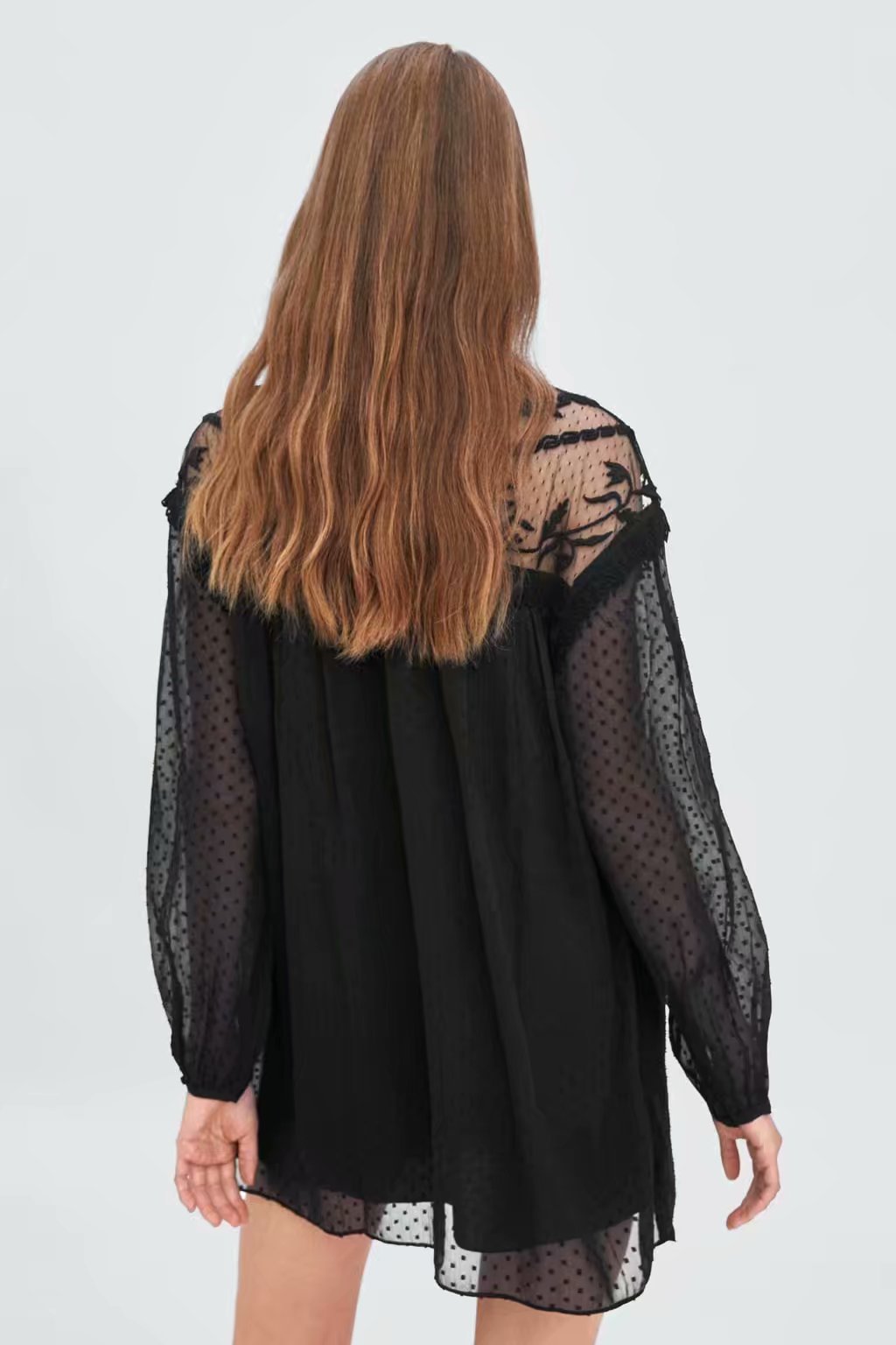 2018秋季欧美女装圆领长袖黑色显瘦薄纱连衣裙