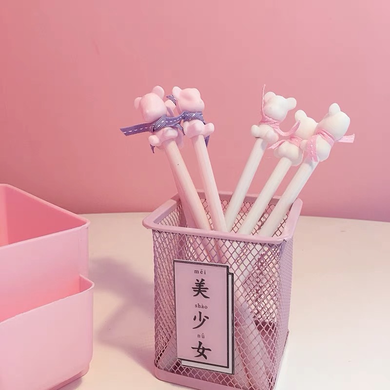 创意中性笔少女可爱粉色系带小熊软胶笔头极细水笔儿童学习用品