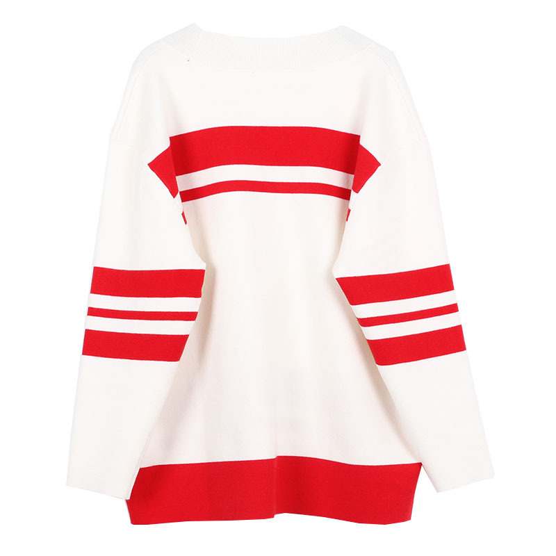 hedging loose stitching red and white v neck sweater