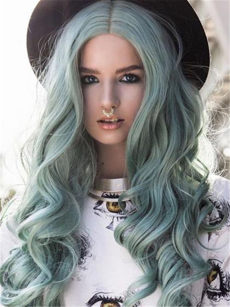 外贸欧美女假发薄荷绿长卷发中分大波浪卷长发化纤发玫瑰网假发套