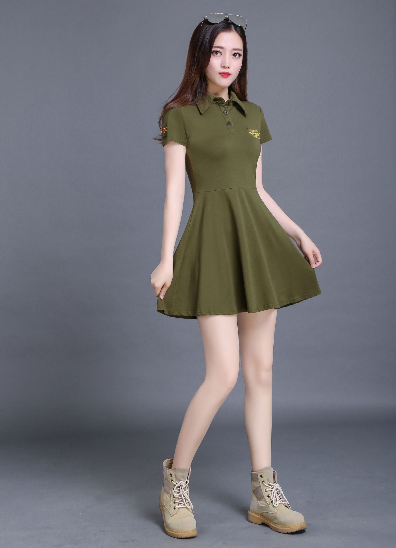 水兵舞服夏季纯棉迷彩连衣裙弹力显瘦迷彩服广场舞蹈服军迷军装女