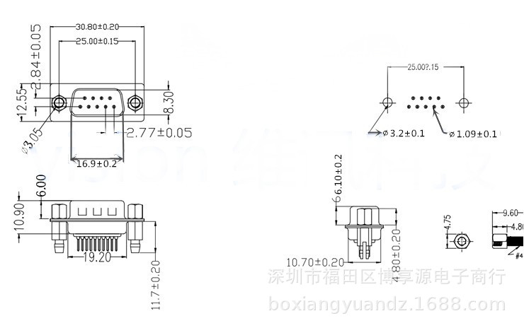 dp9公头 鱼叉 焊板式 db9串口232九针 带螺丝柱 直脚 180度直插座