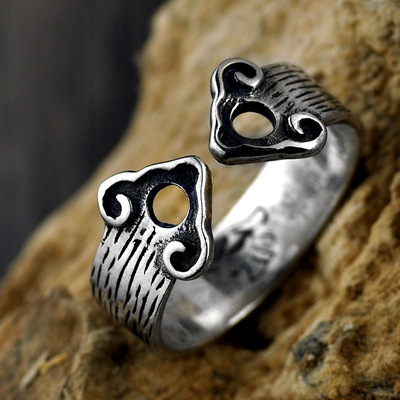 s925银开口祥云如意纹纯银戒指 个性创意复古风指环 一件代发