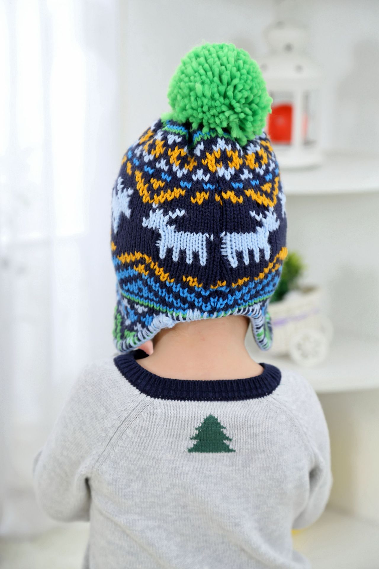 撞色小鹿提花男童针织帽儿童帽子儿童秋冬帽子加厚针织护耳保暖帽