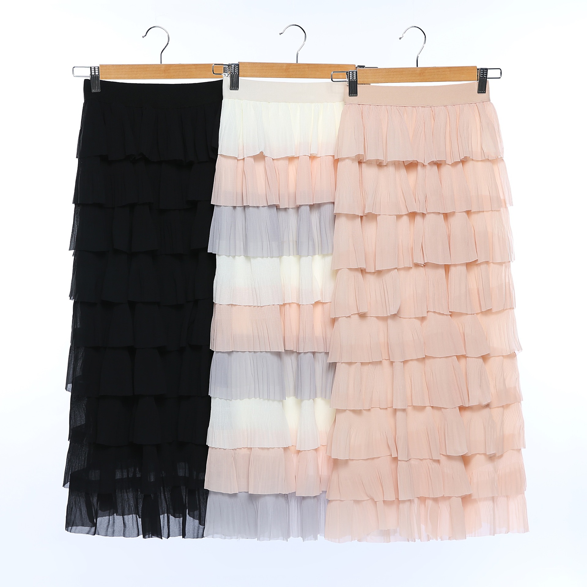 雪纺蛋糕半身裙2018韩版春夏高腰松紧腰彩色多层百褶中长裙仙女裙