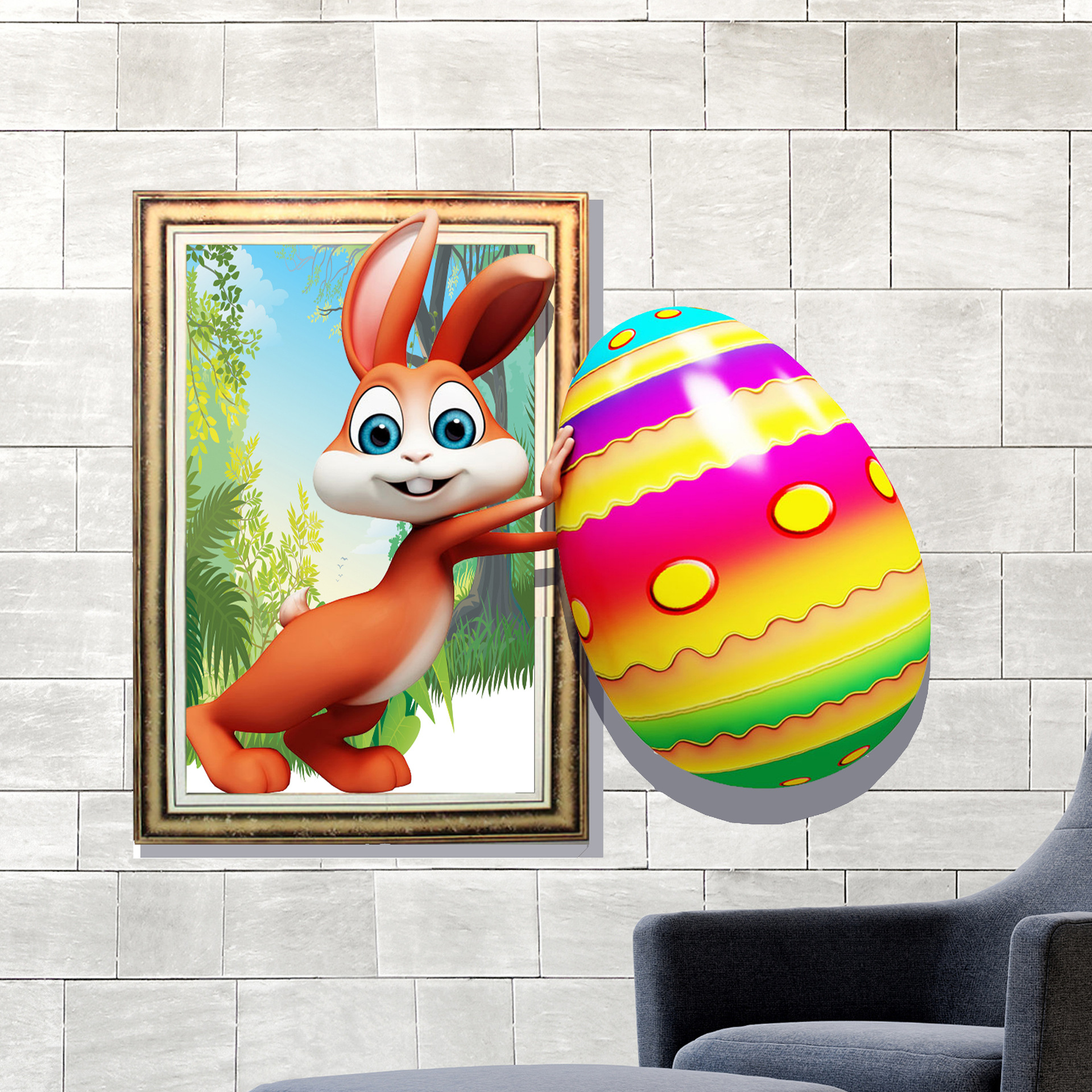现代创意自粘3d立体画 儿童装饰无框彩蛋卡通兔子背景墙挂饰批发