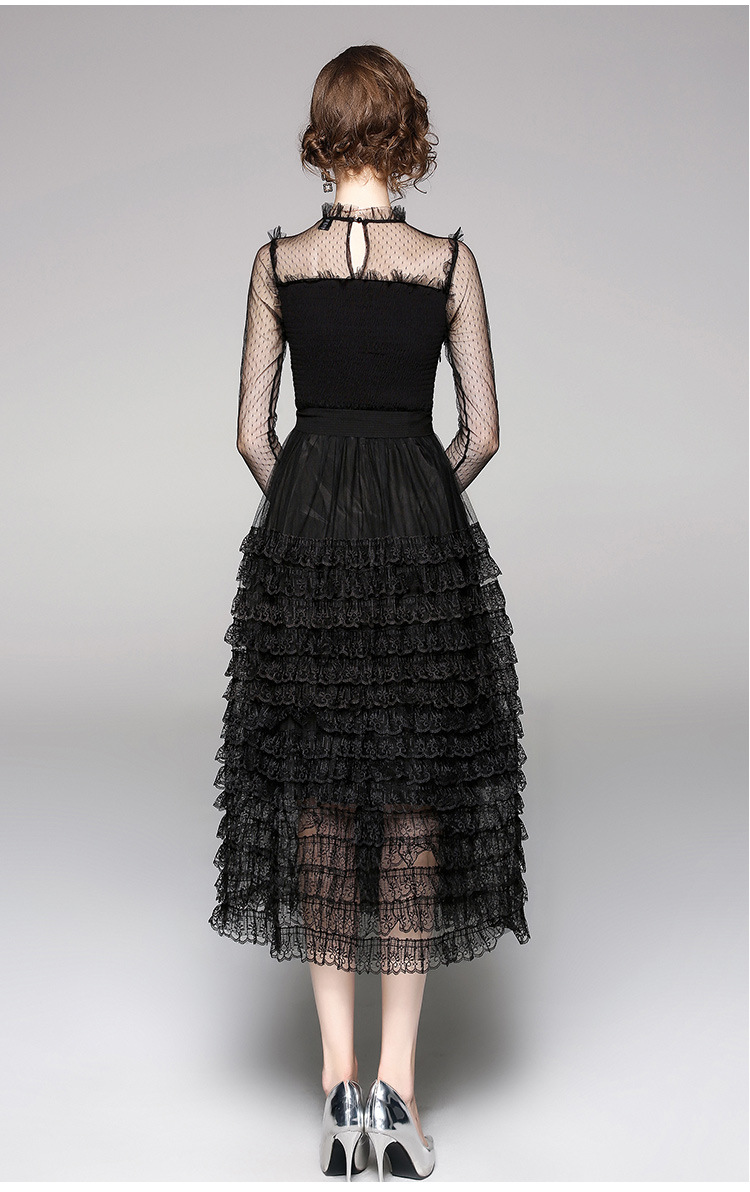2018夏季新款欧洲站专柜女装蛋糕裙长袖透视黑色网纱蕾丝连衣裙