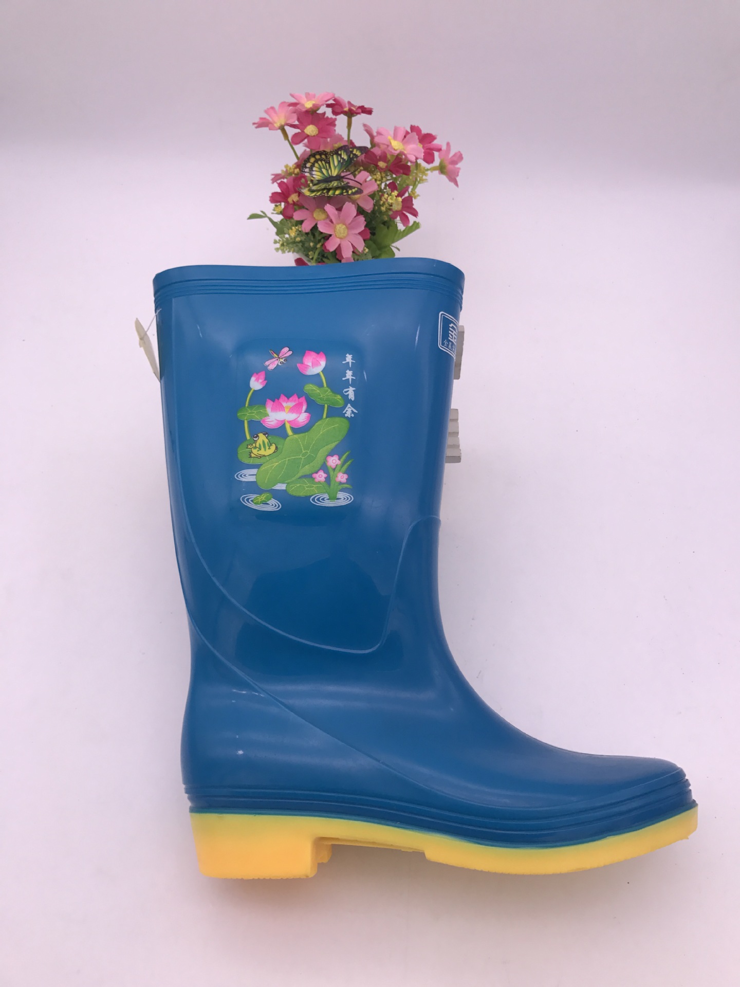 厂家直销金晨704女雨鞋经典荷花款防滑耐磨牛筋底高筒雨靴